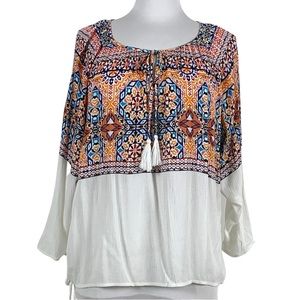 John Paul Richard Boho Peasant Fiesta Trendy Blouson Sleeve Top Blouse Medium